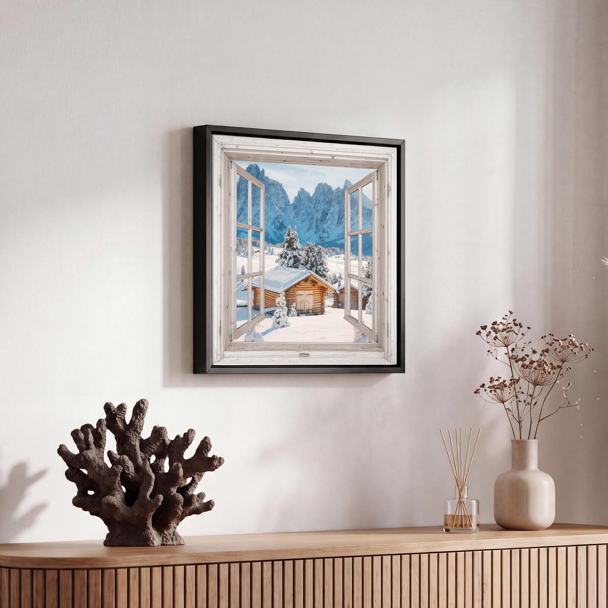 LEINWAND Bilder mit Rahmen - Winterlandschaft - Hütte - Berge - Ausblicke - Aussicht - Natur - 20x20 - Weiß Hochglanz, Textil (20/20cm) - MuchoWow