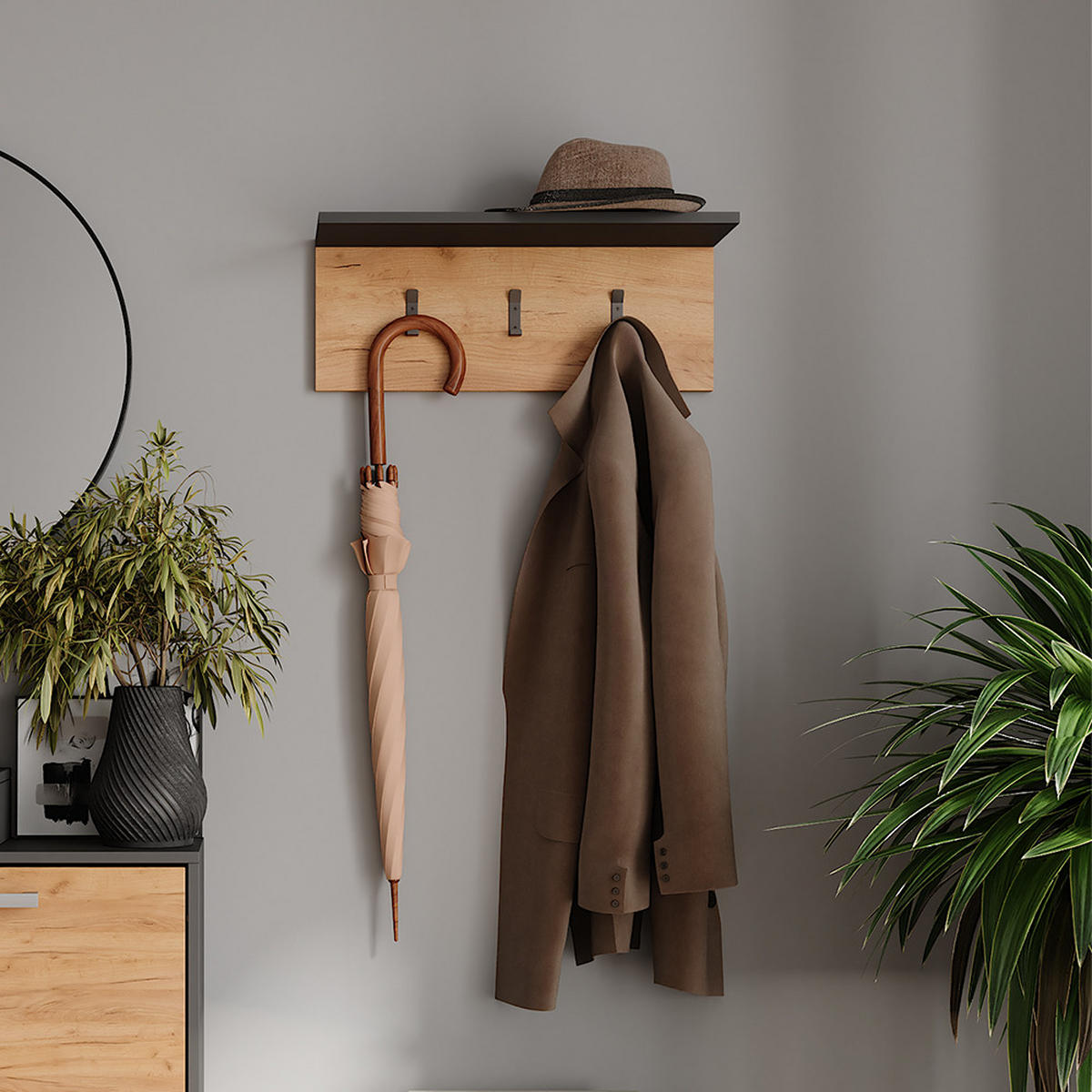 NÁSTĚNNÝ VĚŠÁK Orlando Antracit/zlatý dub - medově dubová/antracitová, kompozitní dřevo (60/21.6/18cm) - Vicco