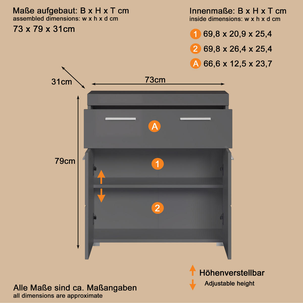 BADKOMMODE grau Hochglanz 73 x 79 cm, Badzimmer Kommode mit viel Stauraum - Grau, Holzwerkstoff/Kunststoff (73/79/31cm) - Top.Furn
