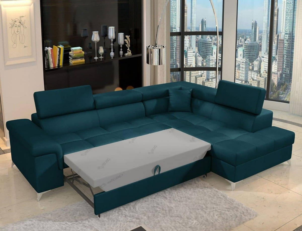 ECKSOFA mit Schlaffunktion und Bettkasten, pflegeleichter Monolith-Stoff - Chromfarben/Dunkelblau, Textil/Metall (202/275cm) - Eltap