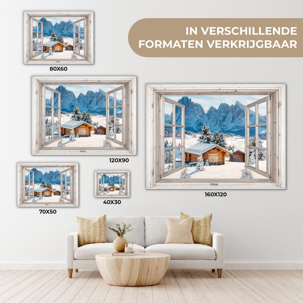 LEINWANDBILD Winterlandschaft - Hütte - Berge - Ausblicke - Aussicht - Natur Wandbilder 80x60 cm - Weiß Hochglanz, Textil (80/60cm) - MuchoWow