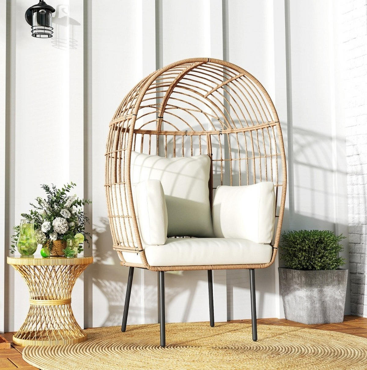 RATTANSESSEL 95/80/155 cm mit abnehmbaren Kissen und Stahlgestell, wetterfestes Rattan, Beige - Beige, Metall (95/155/80cm) - Redom
