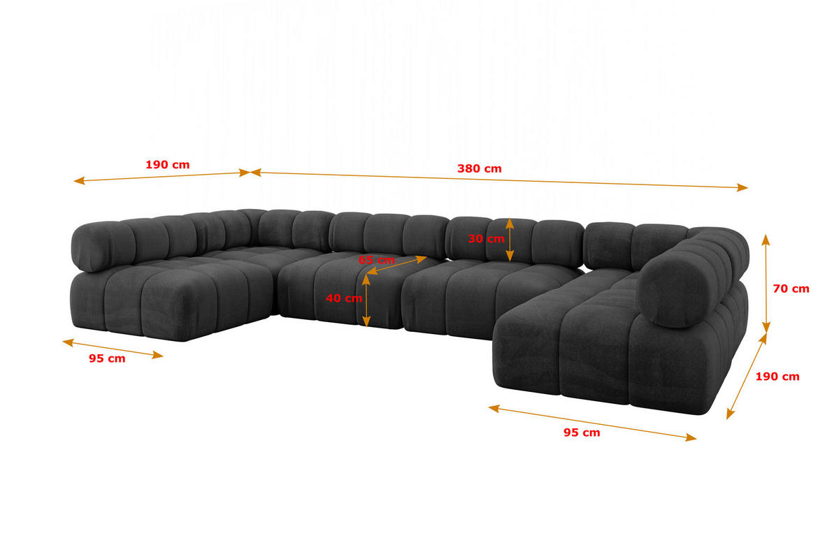 WOHNLANDSCHAFT modulares Sofa Garvo-U2 - 380x190x70 cm Schwarz Velours - Schwarz, Holzwerkstoff/Textil (380/70/190cm) - ALTDECOR