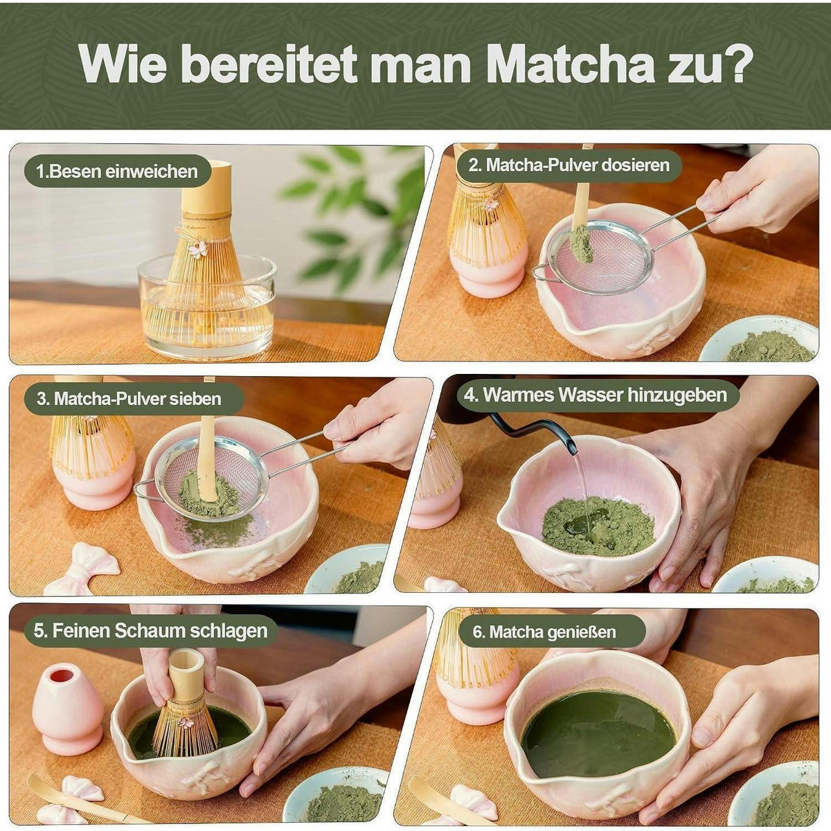 MATCHA Set 7-teilig Keramik mit Bambus Besen und Ausgießer Schale Rosa - Rosa, Keramik (20/13/30cm)