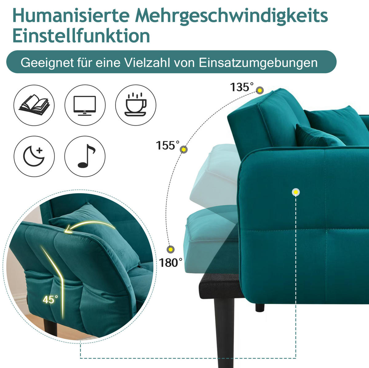 SCHLAFSOFA aus Samt Antik Blaugrün mit verstellbaren Rückenlehnen, klappbaren Armlehnen und 2 Kissen - Petrol, Kunststoff (176/76/78cm) - Modfu