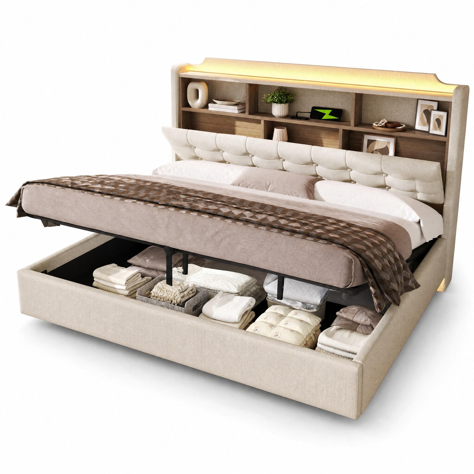 POLSTERBETT 180/200 cm aus Leinen und MDF mit LED und Stauraum, Beige - Beige, Textil (180/200cm) - OKMYHOME