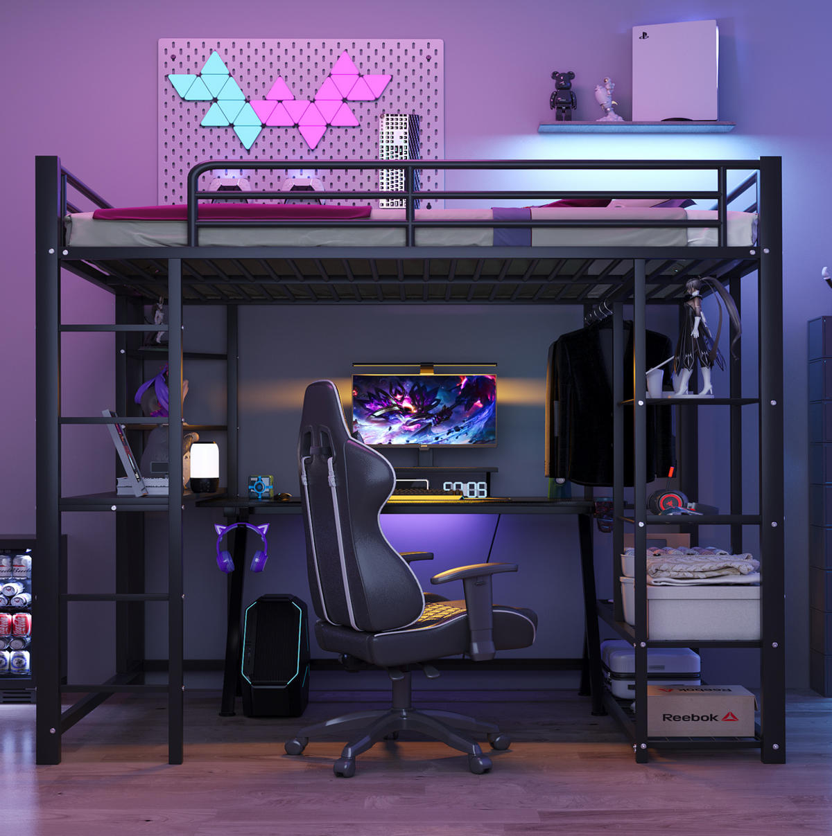 HOCHBETT 140/200 cm Schwarz aus Metall und MDF mit Schreibtisch und Kleiderstange - Schwarz, Metall (140/200cm) - OKMYHOME