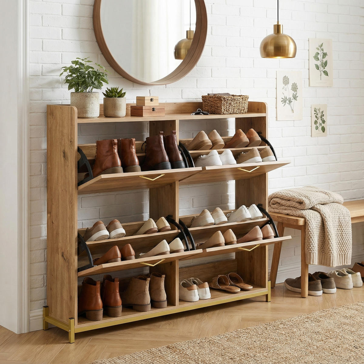 SCHUHKIPPER 109 cm in Holz-Optik & Rattan - Eichefarben, Holzwerkstoff (108/100/24cm) - Urban Meuble