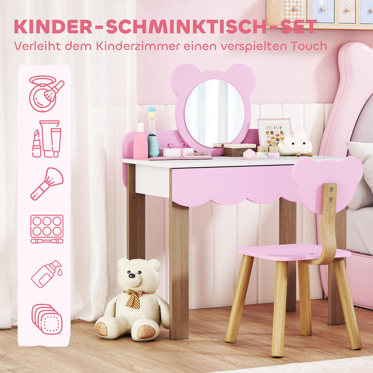 KINDER Schminktisch Set Frisiertisch mit Hocker Spiegel Schubladen Kosmetiktisch - Rosa/Naturfarben, Holzwerkstoff (35/86/68cm) - AIYAPLAY