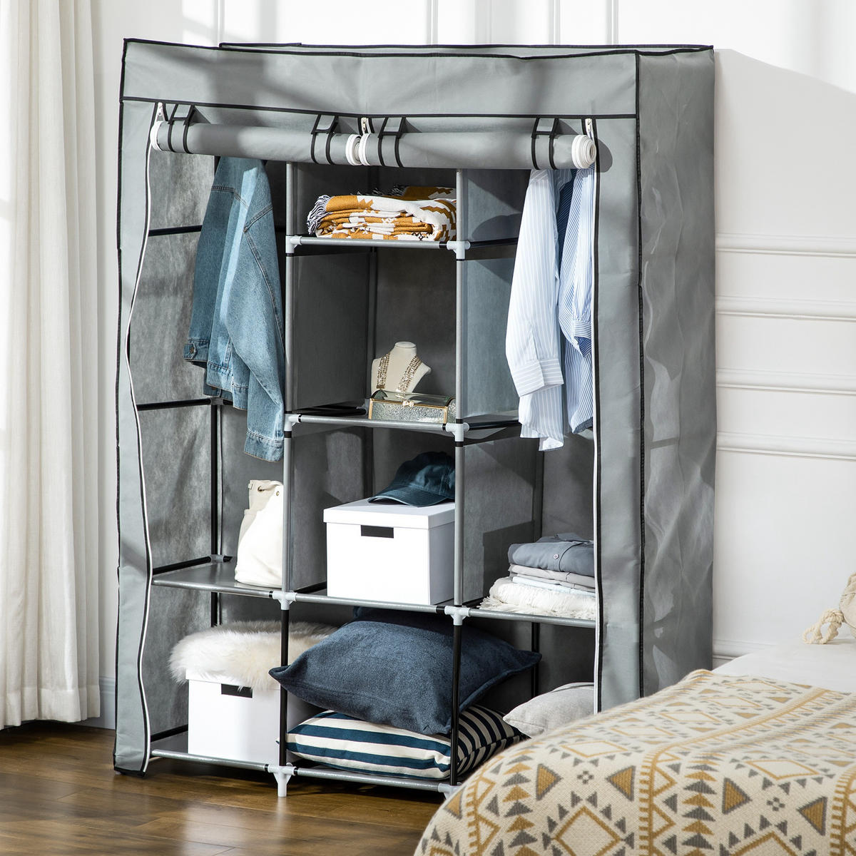 STOFFSCHRANK, Faltschrank, Kleiderschrank mit Kleiderstangen, 8 Ebenen Hellgrau - Hellgrau, Metall (43/162.5/125cm) - HOMCOM