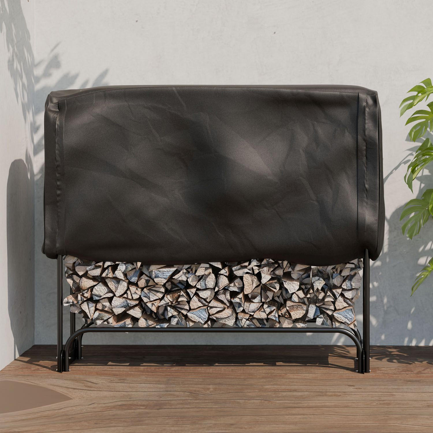 KAMINHOLZREGAL mit Abdeckung - Schwarz, Metall (130/117/36cm) - Juskys