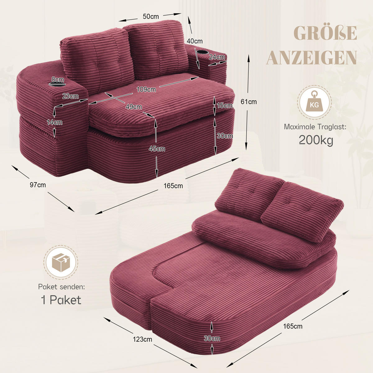 SOFA mit Liegefunktion und Getränkehaltern aus Cord in Weinrot - Weinrot, Textil (165/61/97cm) - EVRYAE