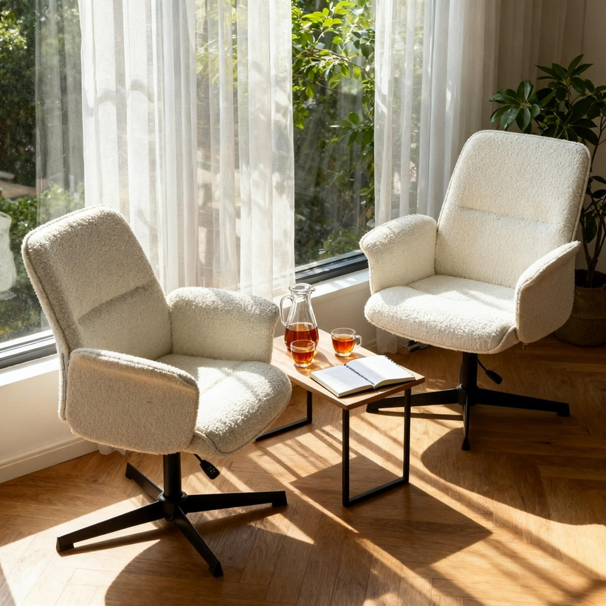 DREHSTUHL 2er Set in Eisen Bouclé - Weiß, Metall (63/94/66cm) - Meubles Cosy