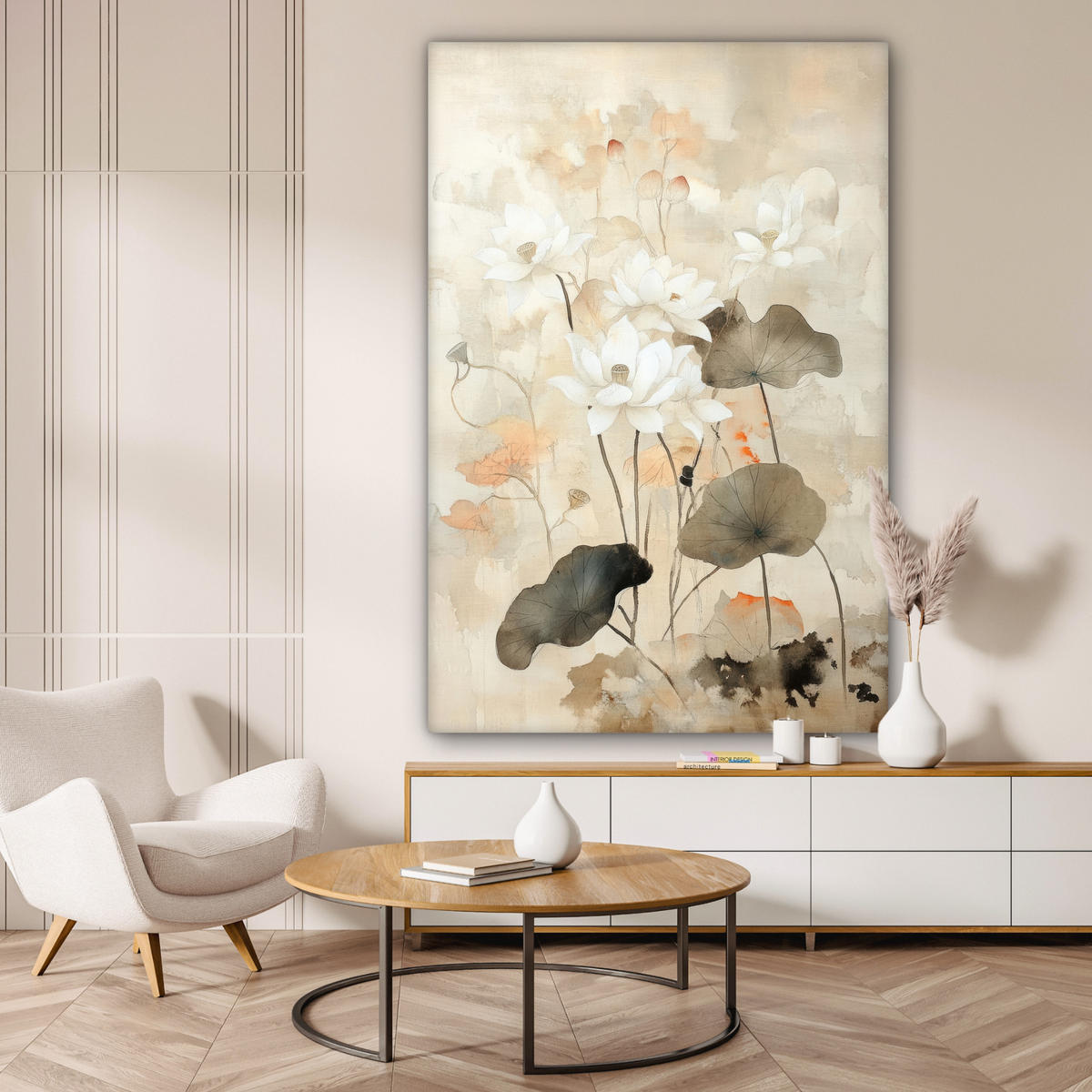 SLIKA NA PLATNU Cvetje 90x140 cm - peščene barve, tekstil (90/140cm) - MuchoWow