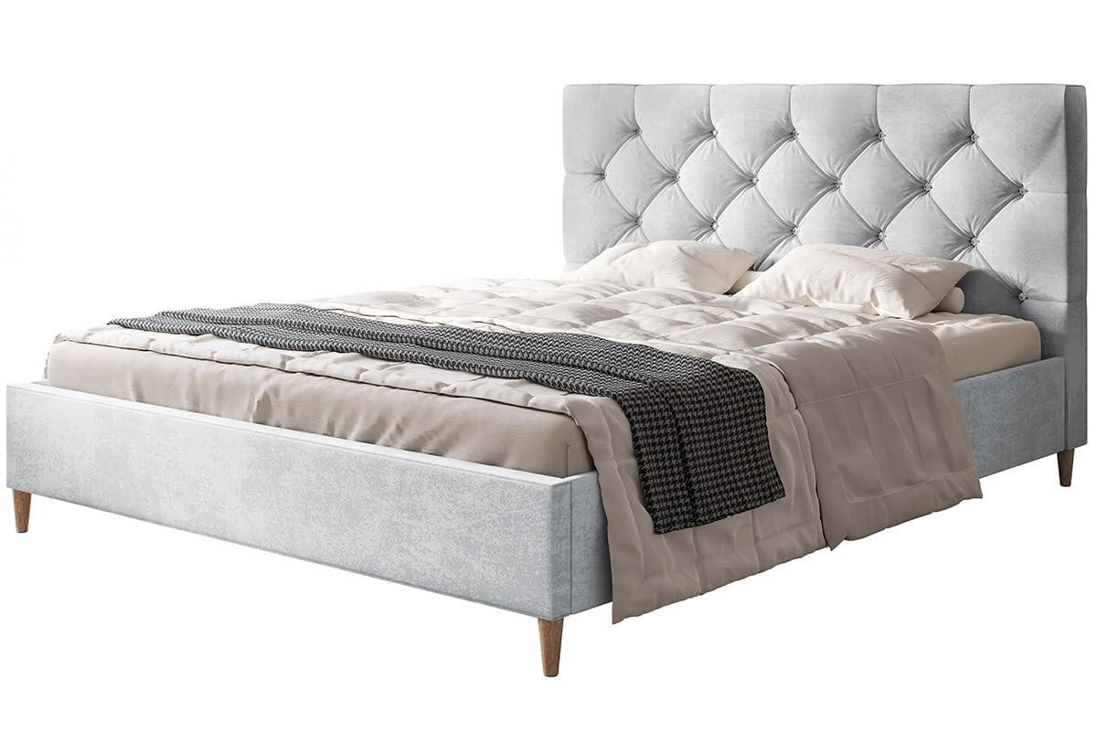 POLSTERBETT LUX Boston mit Kopfteil, 160 x 200 cm, Doppelbett mit Lattenrost aus Holz, Velourstoff Hellgrau, Füße in Farbe: Braun - Hellgrau, Holz/Textil (160/200cm) - Alpi-Möbel