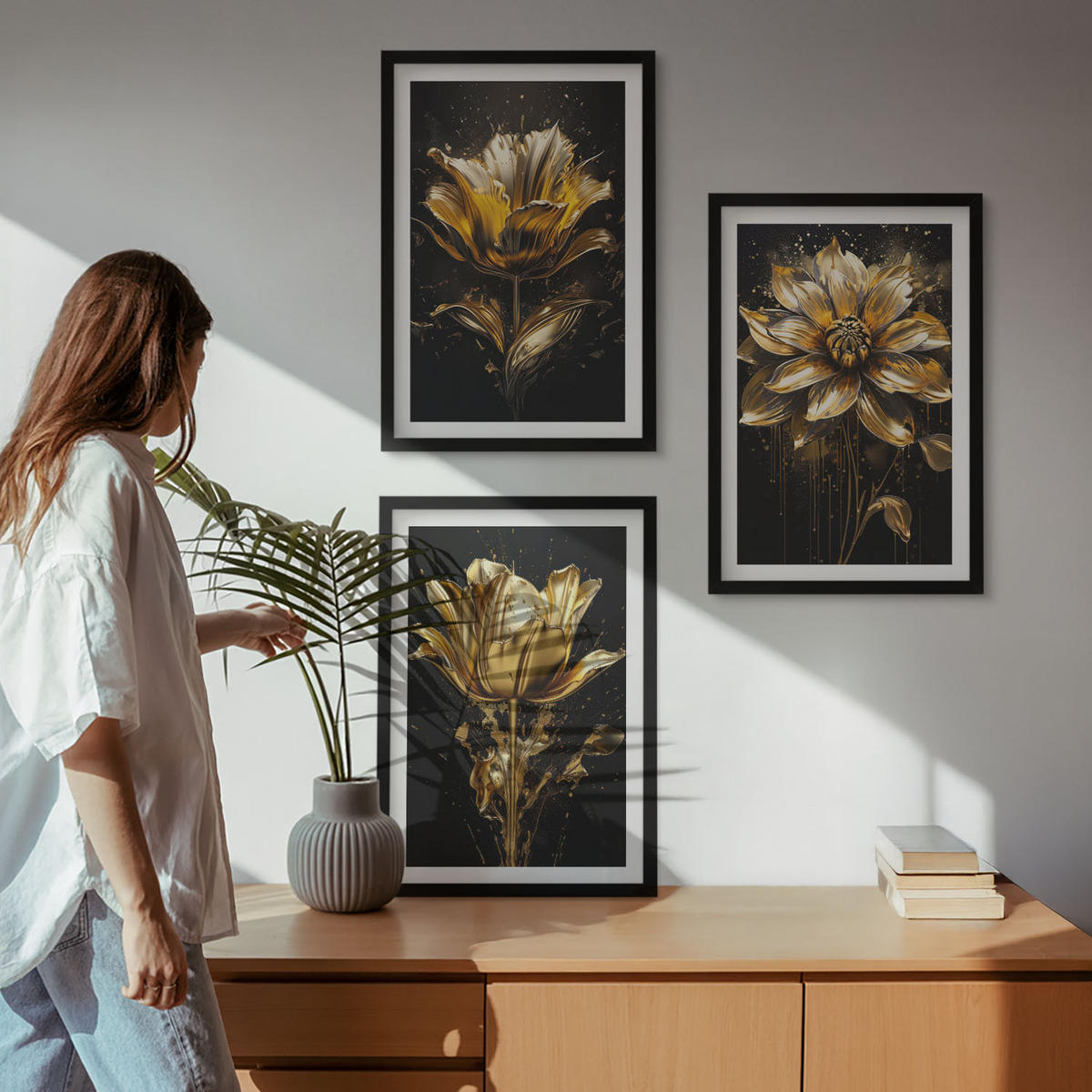 WANDBILDER 3er-Set - 40x60 cm Schwarzer Rahmen - Gelbe Blüten auf dunklem Hintergrund - Schwarz, Kunststoff (40/60cm) - ArtPrintCave