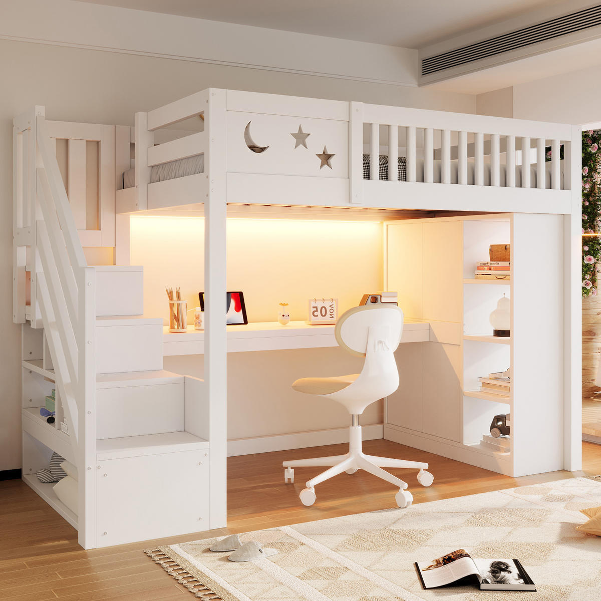 HOCHBETT 90 × 200 cm aus Holz mit Schreibtisch und LED, Weiß - Weiß, Holz (90/200cm) - FLIEKS