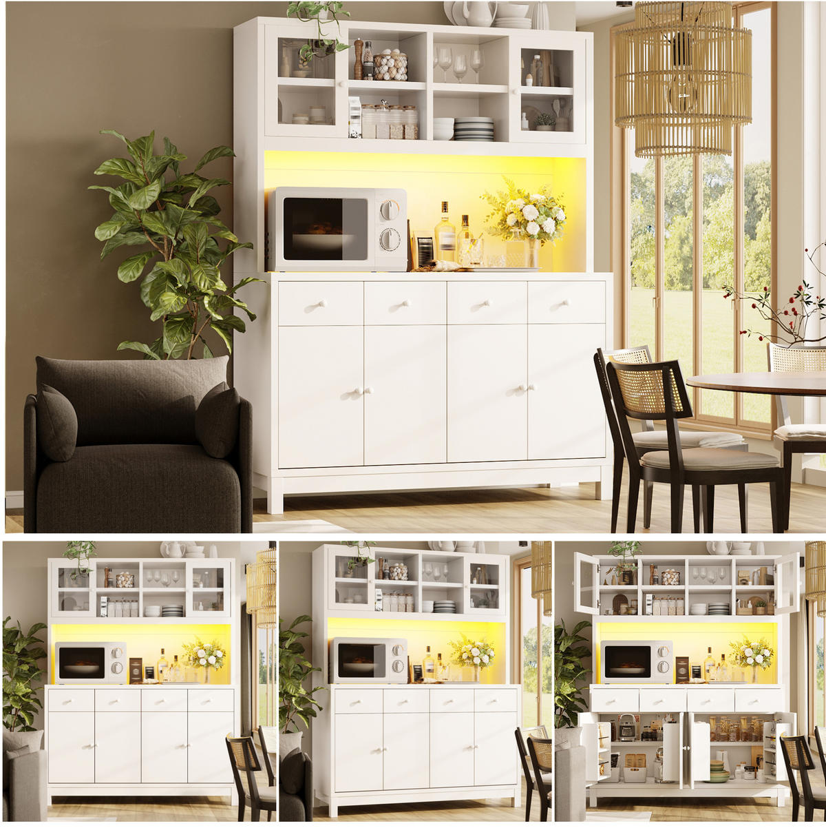 BUFFETSCHRANK aus MDF 140x38,5x180 cm Weiß mit RGB-LED, Glastüren, 4 Schubladen und Stauraum - Weiß, Holzwerkstoff (140/180/38.5cm) - IVMEU
