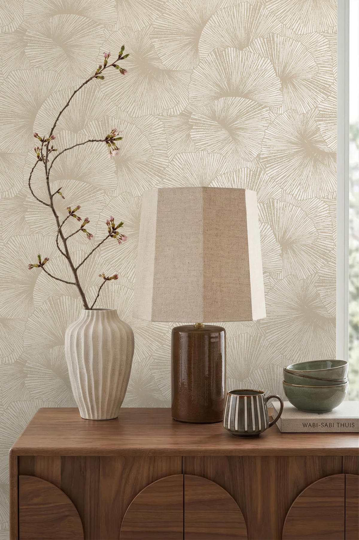 TAPETE 3D Muster Blätter 53 cm x 10.05 m - Beige, Papier (53/1000cm) - Origin Wallcoverings
