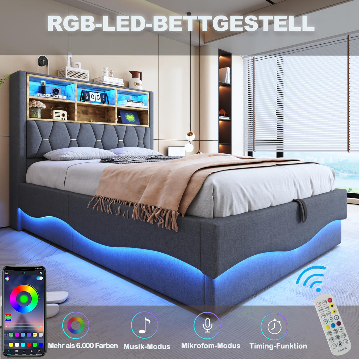 ČALOUNĚNÁ postel 140/200 cm s LED osvětlením, USB portem a hydraulickým úložným prostorem, Šedá - šedá, kov (140/200cm) - Redom