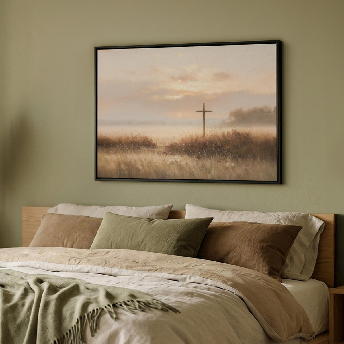 LEINWAND Bilder mit Rahmen - Gras - Morgennebel - Kreuz - Christentum - 100x70 - Beige, Textil (100/70cm) - MuchoWow