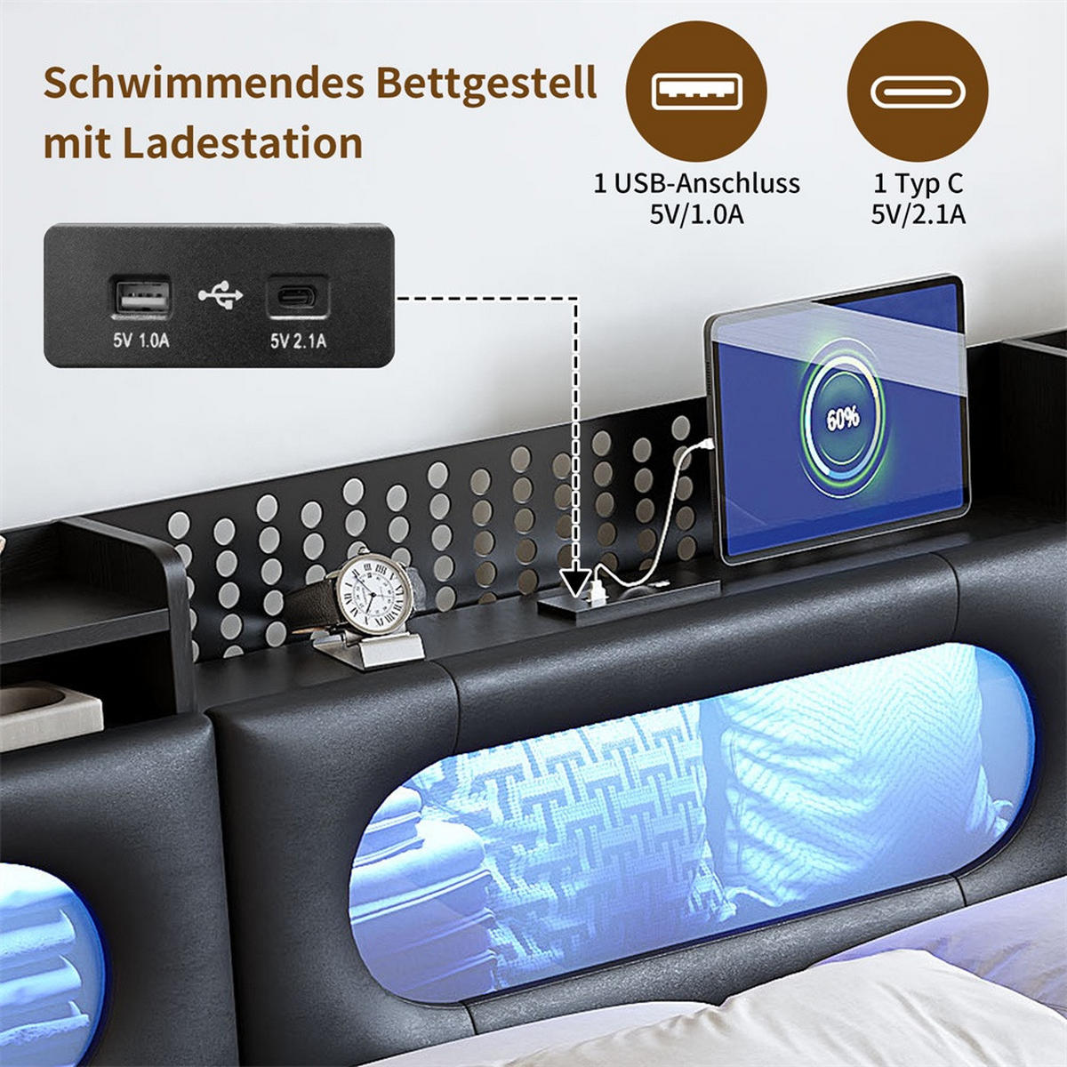 POLSTERBETT 160x200cm mit Hydraulischem Stauraum - LED-Beleuchtung - integrierter Ladestation - Schwarz - Schwarz, Leder (160/200cm) - DELFA