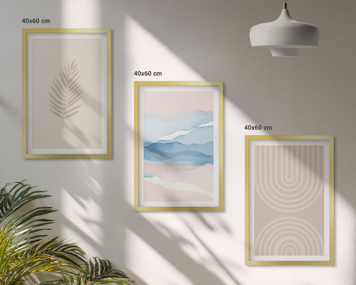 BILDER SET 3er Set - 40x60 cm Goldrahmen - Blätterwellen beige blau - Goldfarben, Kunststoff (40/60cm) - TULUP