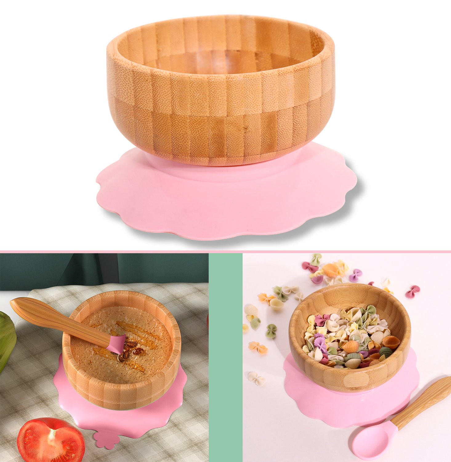 BAMBUSSCHALEN-SET für Babys - Rosa, Naturmaterialien (15/5.5/15cm) - Intirilife