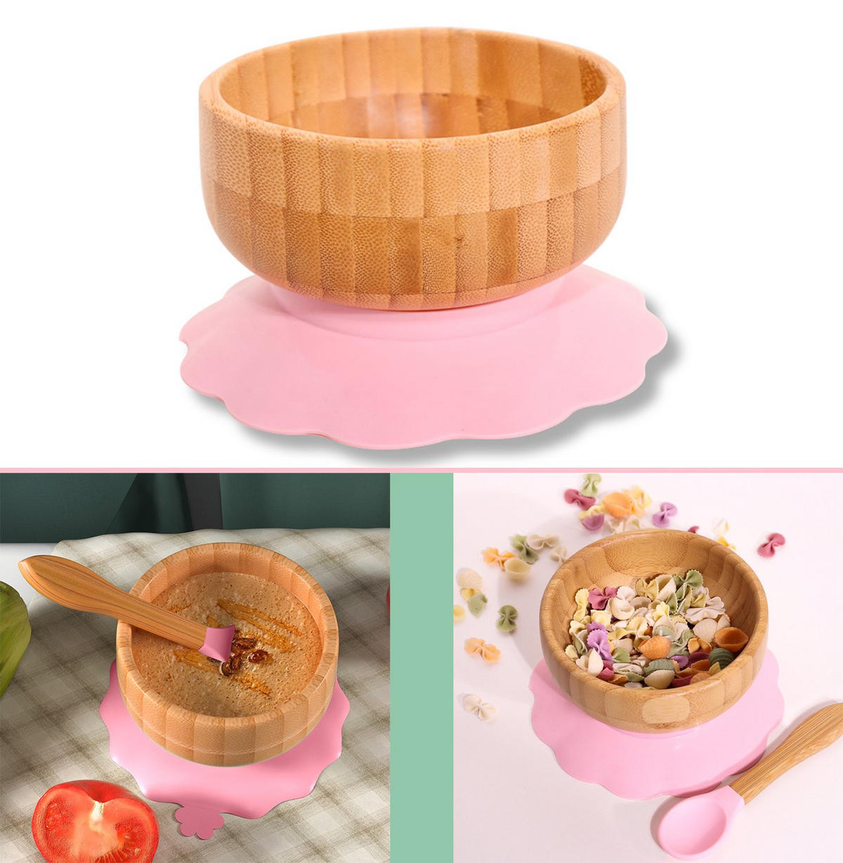 BAMBUSSCHALEN-SET für Babys - Rosa, Naturmaterialen (15/5.5/15cm) - Intirilife