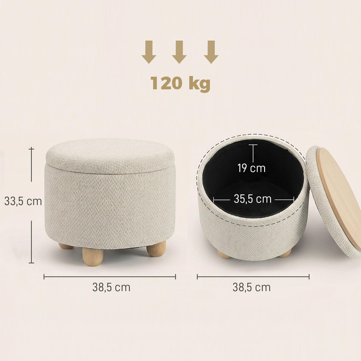 OTTOMAN med förvaringsutrymme, polyester, beige - Beige, Trä/Textil (38.5/33.5/38.5cm) - HOMCOM