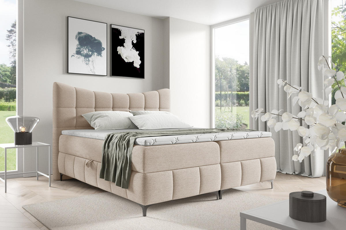 BOXSPRINGBETT 200x200 Almera, Chenille, Bettkasten, Matratze, Beige - Beige, Holz/Textil (200/200cm) - Emporius