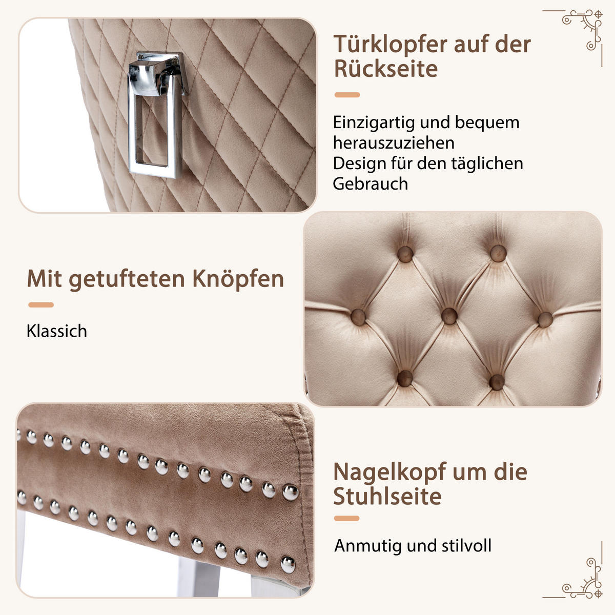 ESSZIMMERSTUHL 2-Tlg Samt Beige, Nagelkopf, Metall Beine - Beige, Textil (53/94.5/62.5cm) - FLIEKS