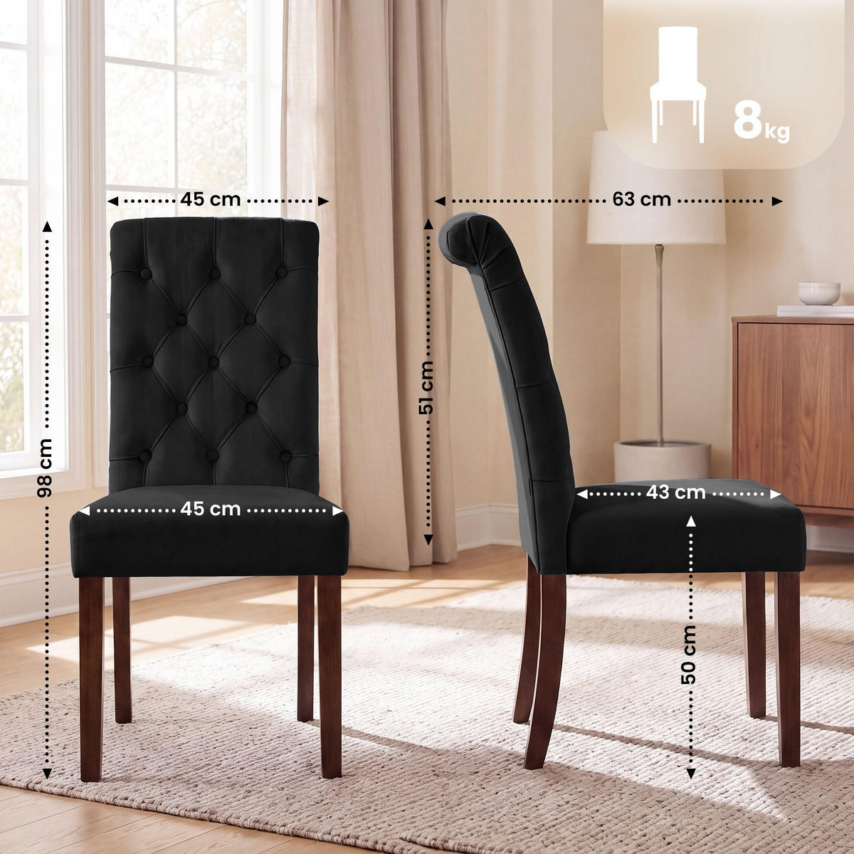 STUHL 2er Set Samt schwarz - Walnussfarben/Schwarz, Holz/Textil (45/98/63cm) - CLP
