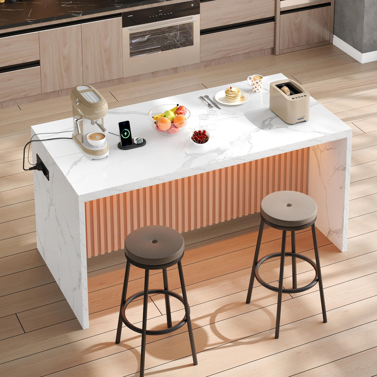 KÜCHENINSEL 155/80/90 cm Weiß mit LED-Leuchten, 2 Steckdosen und 2 USB-Anschlüsse - Weiß, Holz/Holzwerkstoff (80/90/155cm) - Oxeza