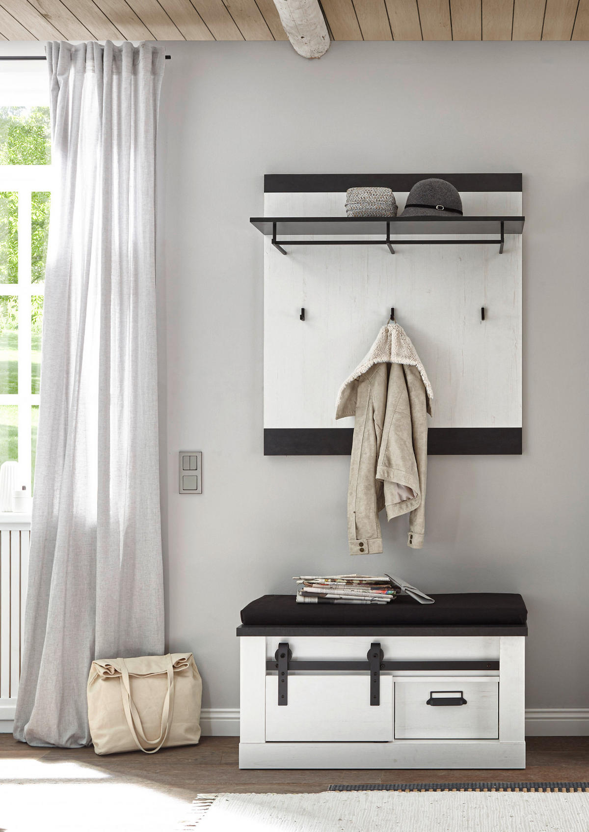 GARDEROBENPANEEL weiß Pinie, anthrazit Landhaus, Wandgarderobe 92 x 100 cm - Anthrazit/Weiß, Holzwerkstoff/Metall (92/100/26cm) - Furn.Design
