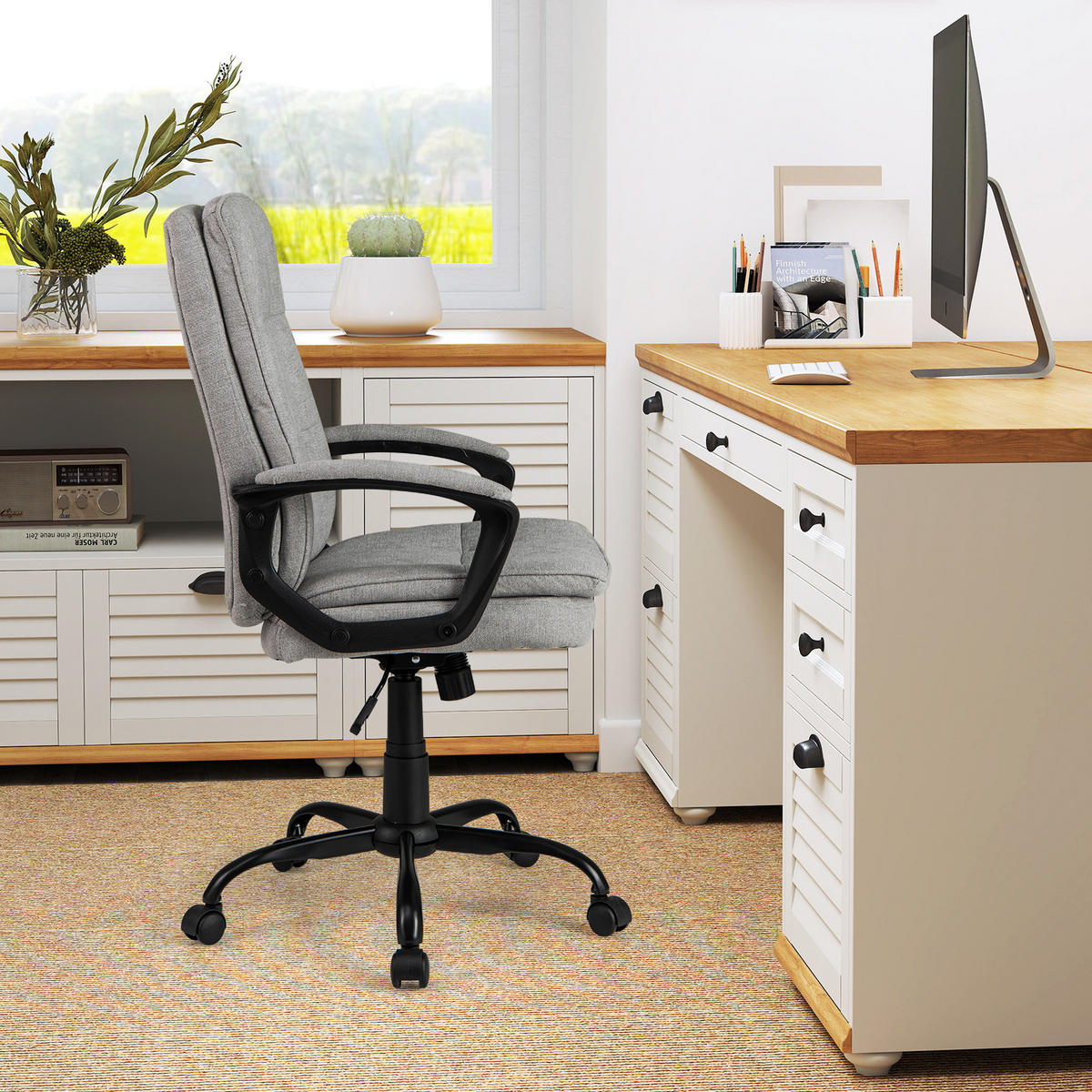 BÜROSTUHL höhenverstellbar mit Armlehnen und Rollen grau - Grau, Metall (50/104/45cm) - COSTWAY