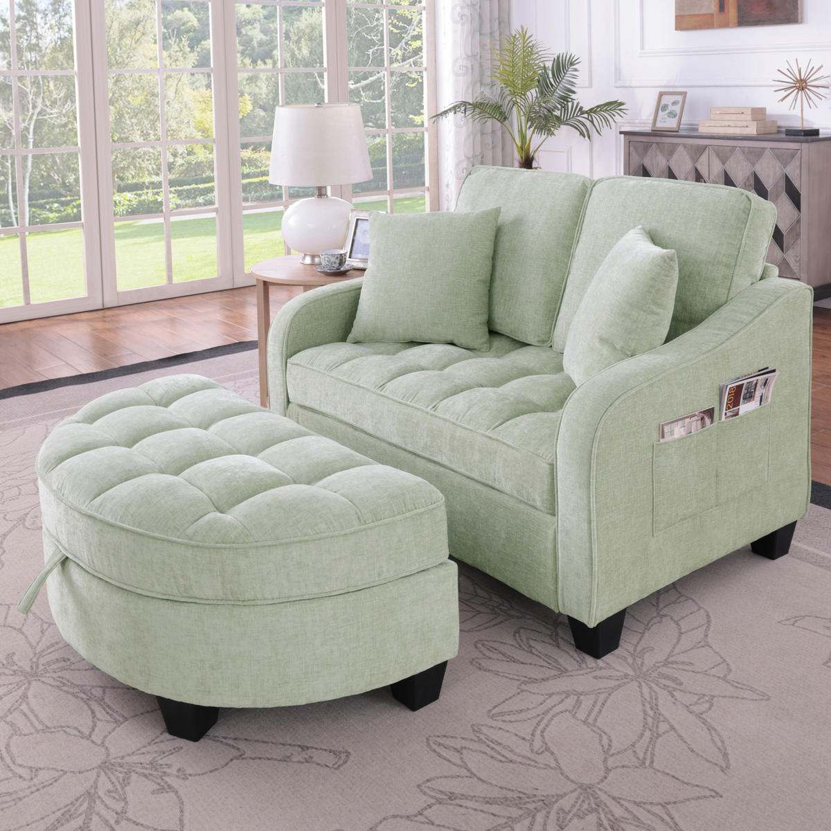 SCHLAFSOFA 2 in 1 Sofa mit Schlaffunktion,Hocker und Stauraum Stoffbezug Grün - Grün, Textil (129/93/132cm)