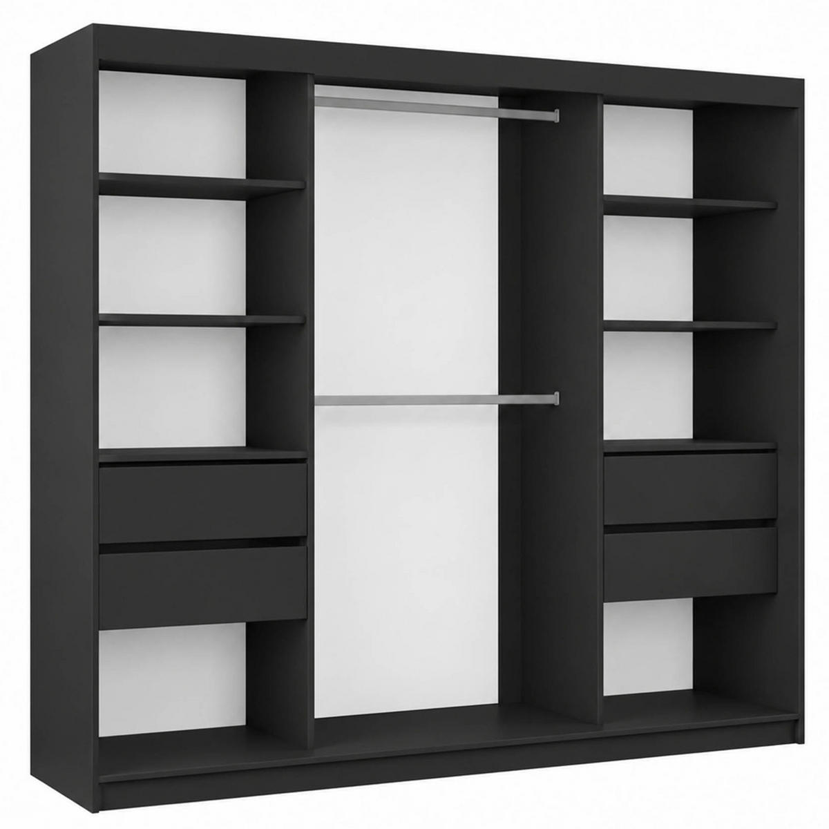SCHWEBETÜRENSCHRANK Debra 240/216/61 schwarz mit Spiegel und Schubladen - Schwarz, Holzwerkstoff (240/216/61cm) - Beautysofa