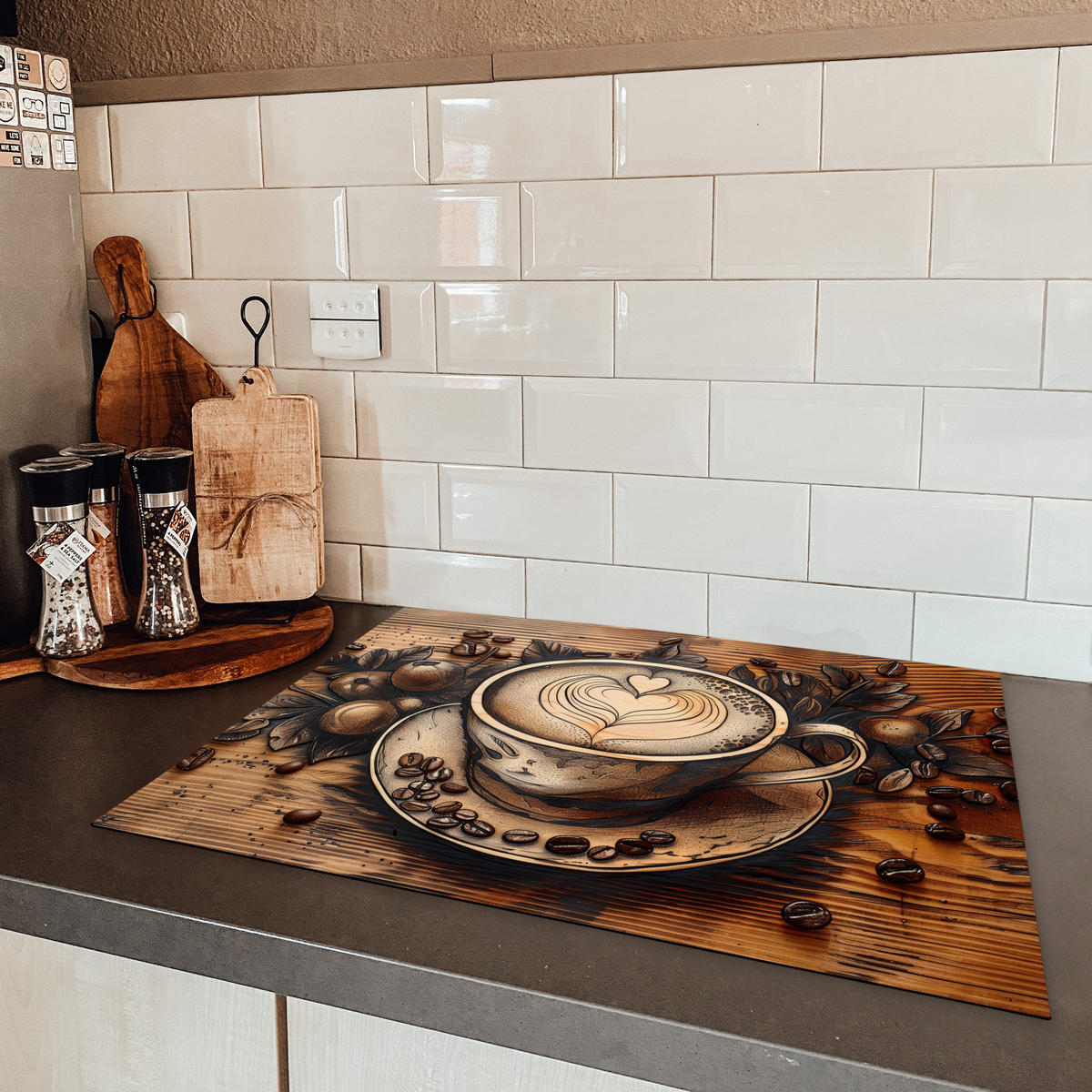 HERDABDECKPLATTE Kaffee - Vintage - Braun - Tasse - Holz Herdabdeckung Induktionsfeld 70x52 cm - Cappuccino, Kunststoff (70/52/0.2cm) - MuchoWow