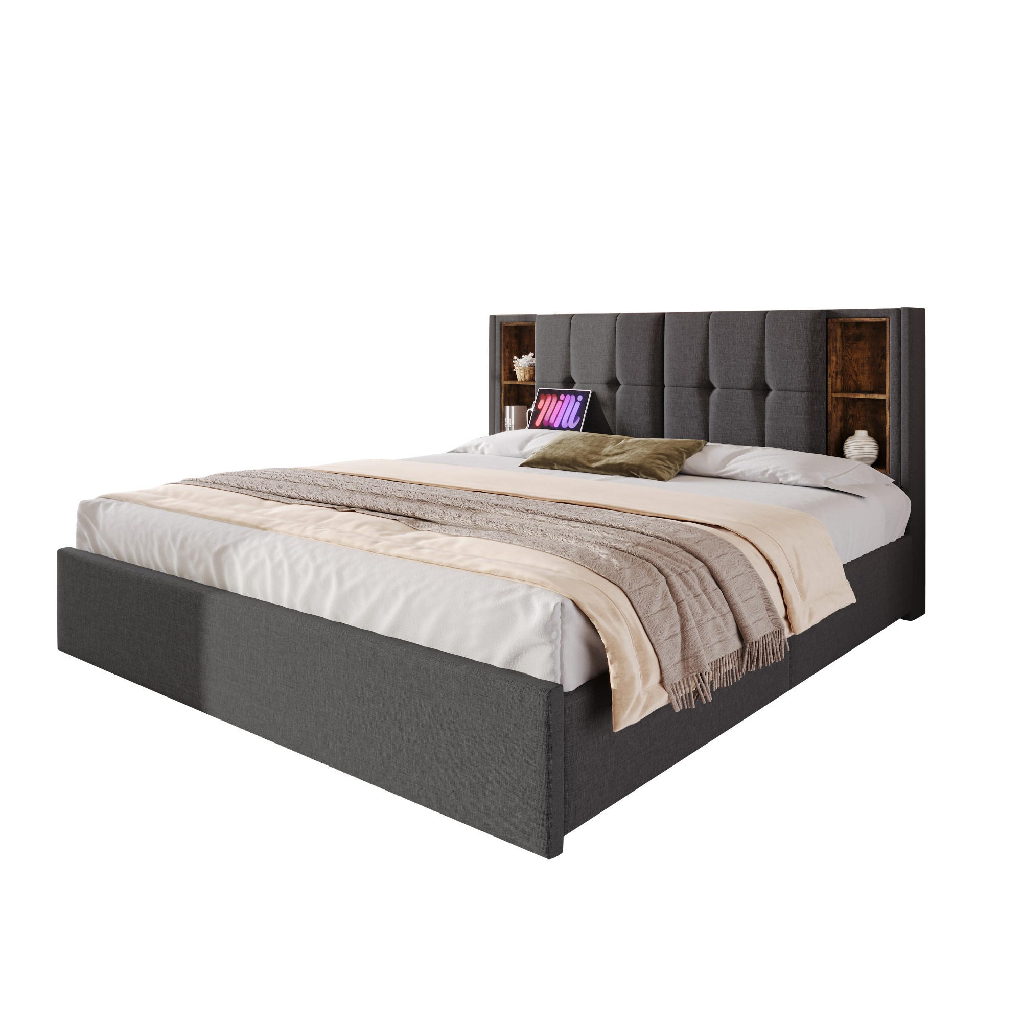 POLSTERBETT 160/200 cm in Grau Leinen mit 4 Schubladen, USB und Type-C - Grau, Holzwerkstoff/Textil (160/200cm) - WISHDOR