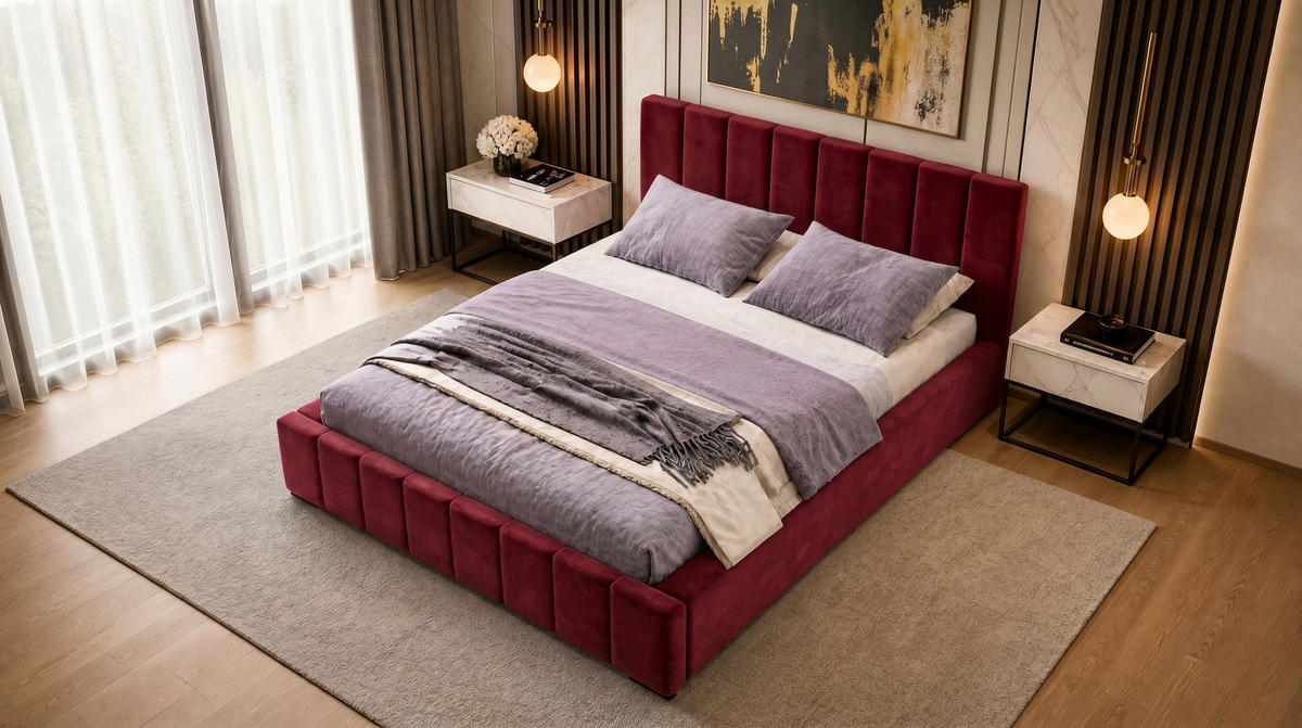 MARPUR Polsterbett NERO 180x200 cm mit Bettkasten und Lattenrost, Bordeaux - Chromfarben/Bordeaux, Holz/Holzwerkstoff (180/200cm) - Marpur