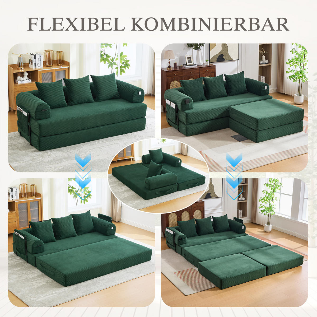 ECKSOFA Cord Smaragdgrün mit Hocker und Kissen - Smaragdgrün, Textil/Metall (218/285cm) - WISHDOR