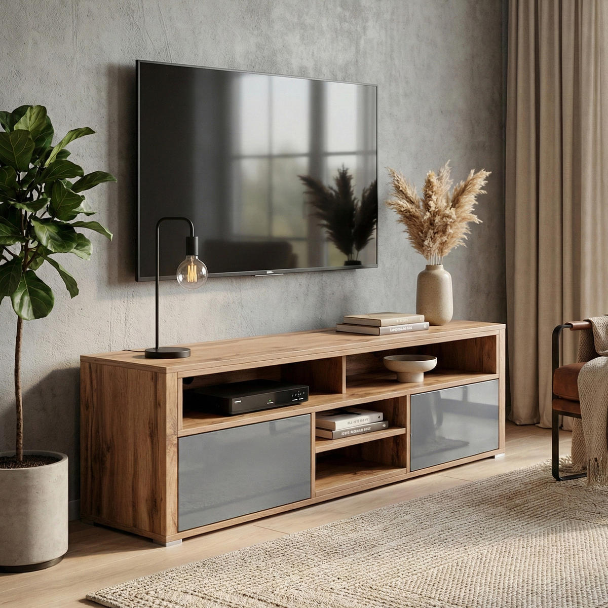 TV-ELEMENT Bella mit 2 Türen und offenem Regal, eiche Wotan+grau glänzend - Eichefarben/Weiß, Holzwerkstoff (137/42.5/33cm) - Beautysofa