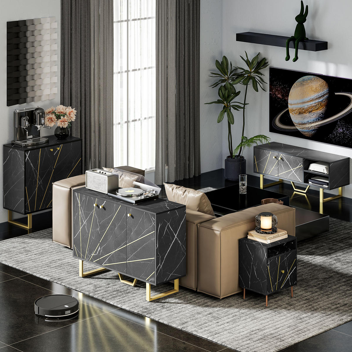 SIDEBOARD DE-11101 2 Schränke, 3 Türen & verstellbare Böden Schwarz - Schwarz, Holzwerkstoff (107/75/35cm) - ComfortXL