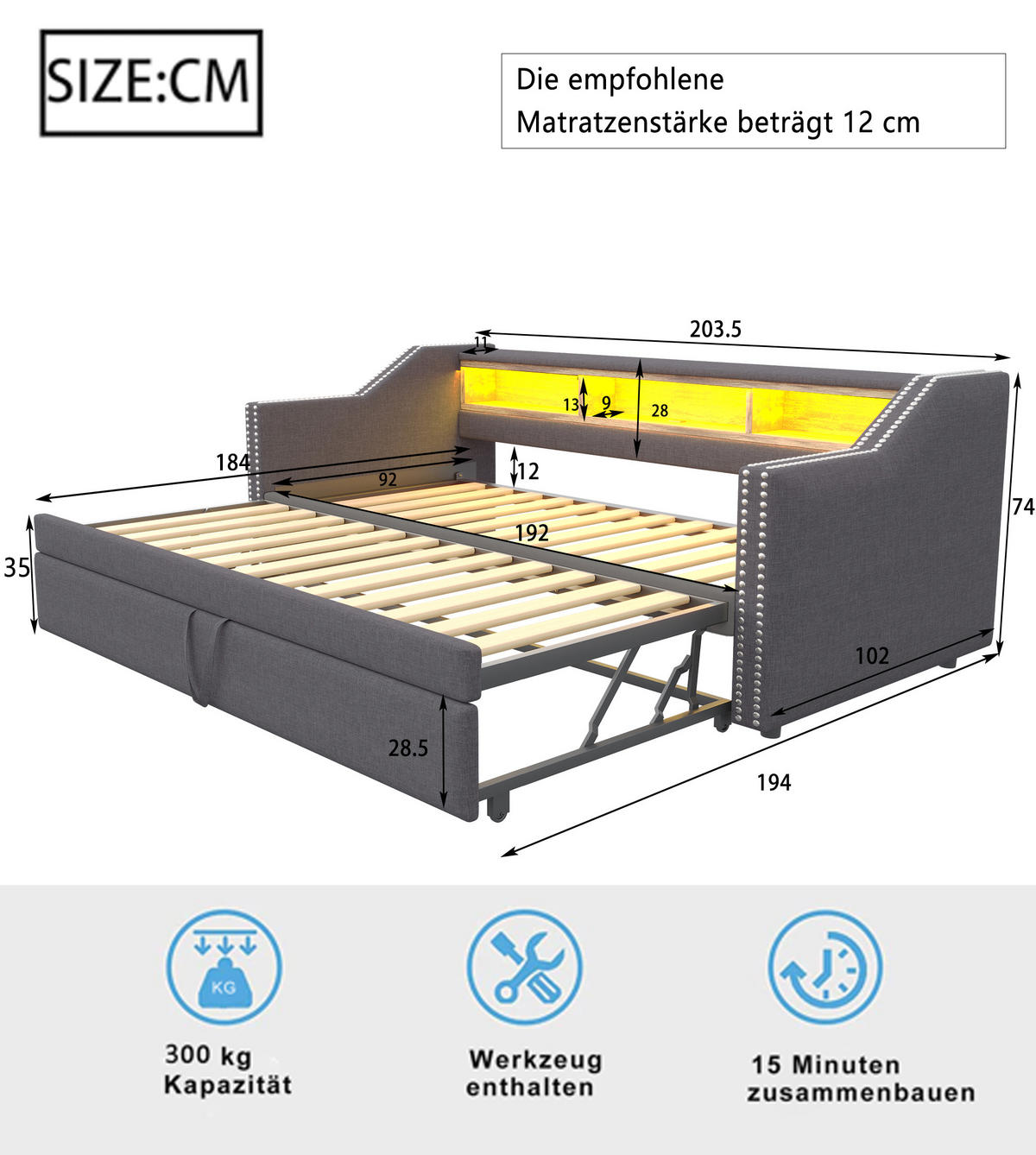 MULTIFUNKTIONSBETT 90/190 cm und 180/190 cm Dunkelgrau mit Staufach und LED-Beleuchtung Mit Matratze - Dunkelgrau, Textil (90/190cm) - OKWISH