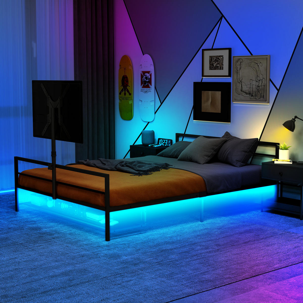 BETT Länge 206 cm aus Metall mit LED-Beleuchtung und Monitorhalterung - Schwarz, Metall (90/200cm) - Flora Grace