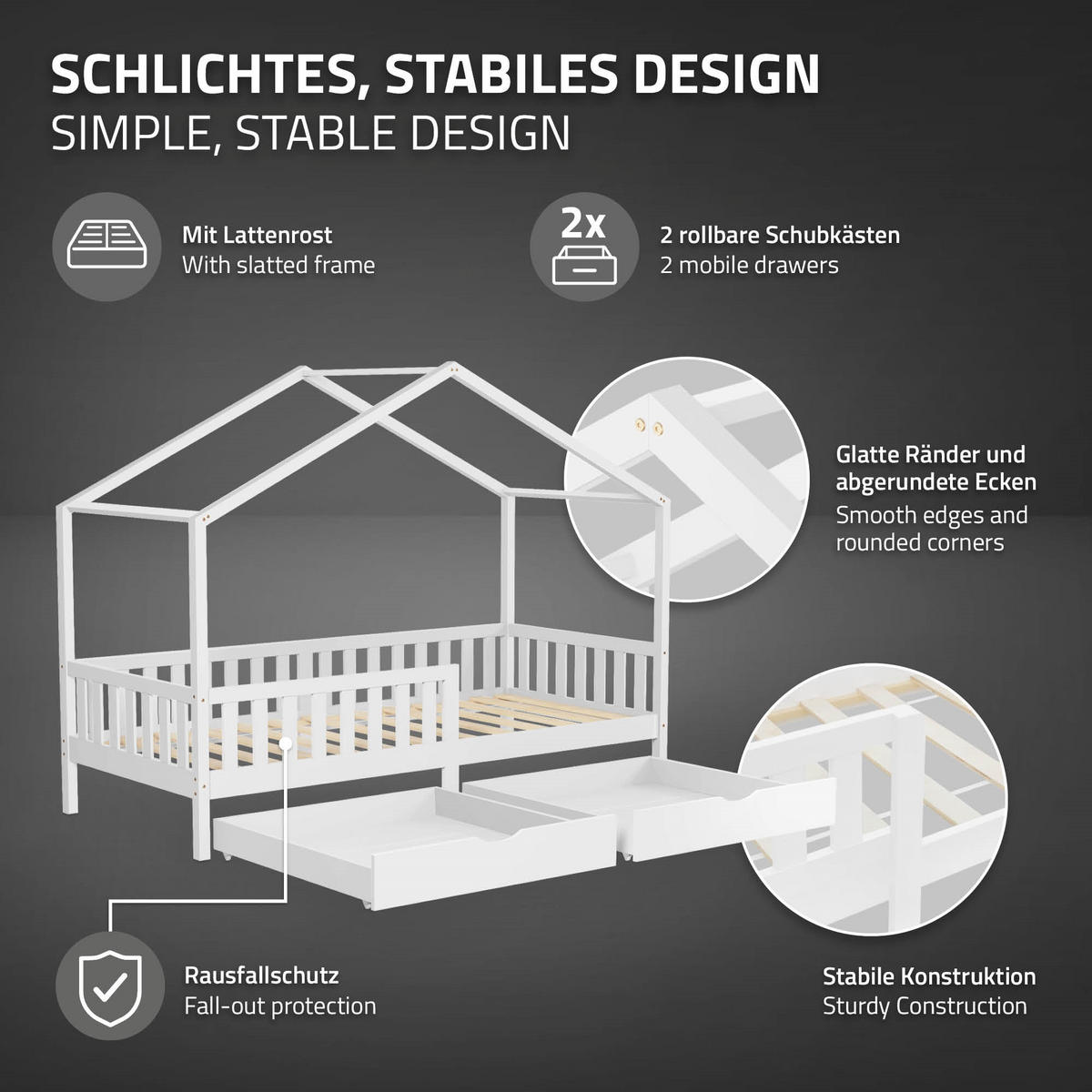 HAUSBETT 90x200 cm Weiß aus Kiefernholz mit 2 Schubladen und Rausfallschutz - Weiß, Holz (90/200cm) - ML-DESIGN