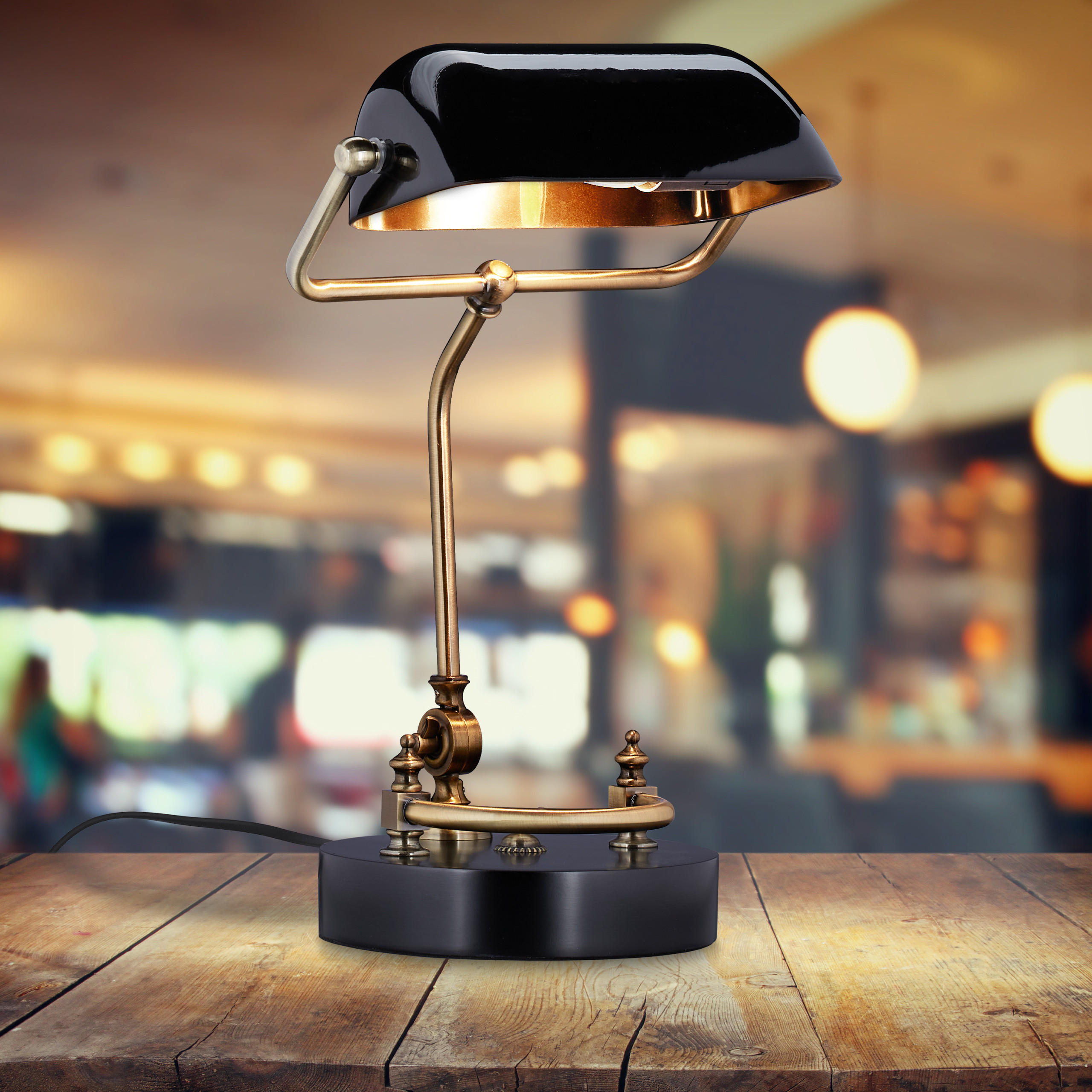 BANKERLAMPE - Schwarz, Glas/Holz (25/26/42cm) - Relaxdays