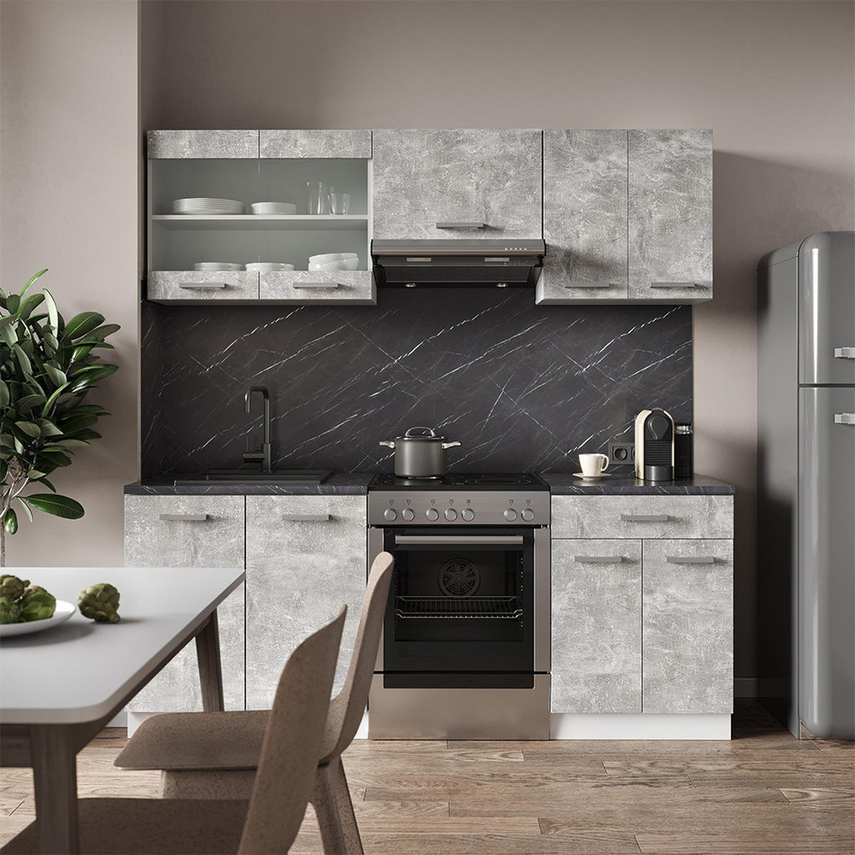KÜCHENZEILE R-Line Beton/Weiß 200 cm, AP Eiche - Schieferfarben/Weiß, Holzwerkstoff (200/81.6/60cm) - Vicco