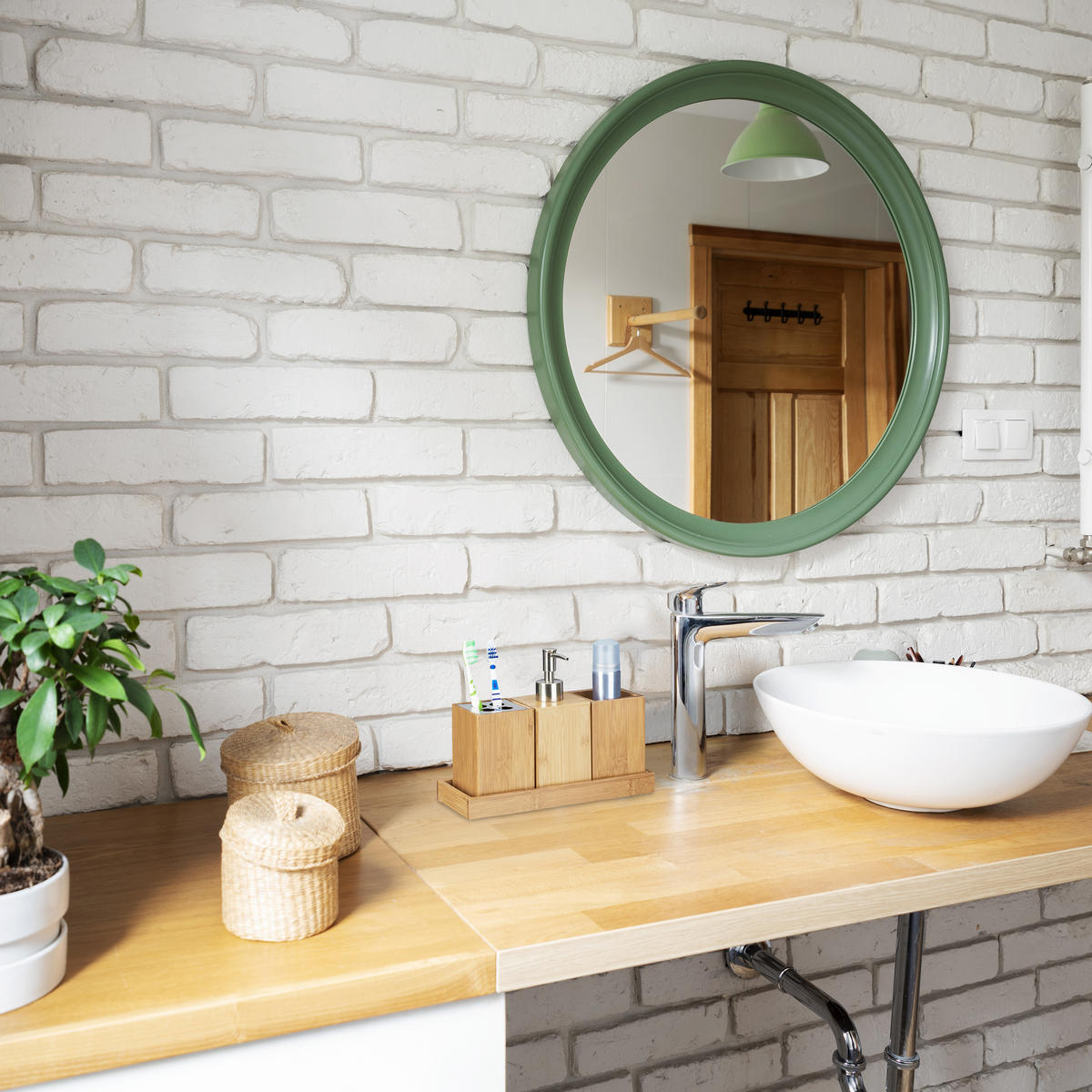 BADACCESSOIRES Set - Hellbraun, Holz/Kunststoff (25/18.5/10.5cm) - Relaxdays